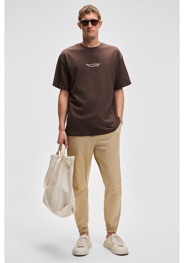 Jakob Erkek Dokuma Yıkamalı 4 Cepli Kalın Dokulu Paçası Lastikli Bej Pantolon