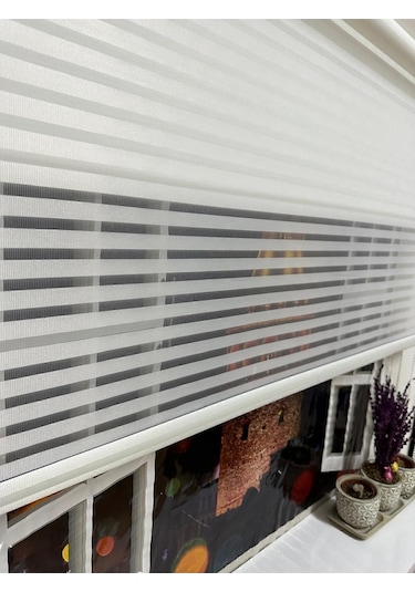 Çizgili Çift Mekanizmalı Tül Ve Stor Perde - Model 1 Beyaz