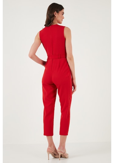 Lela Slim Fit Düz Paça Kruvaze Yaka Kemerli Bayan Tulum 6783626 Kırmızı