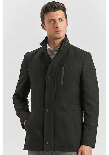 Kaşe Dik Yaka Kapitoneli Astar Slim Fit Dar Kesim Klasik Kaban 1008245150-siyah Siyah