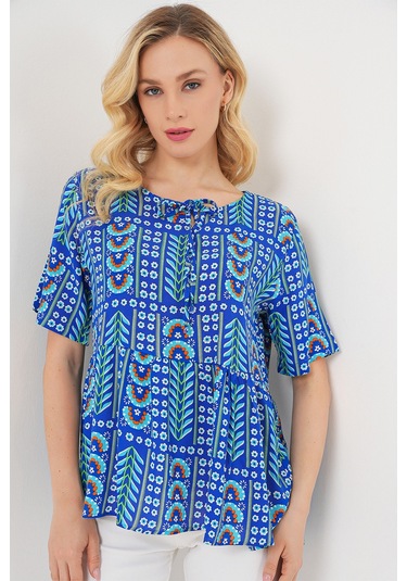 Kadın Desenli Kısa Kol Bluz 969 - Saks Saks