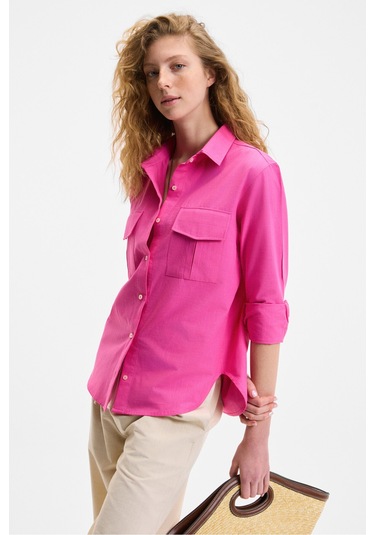 RIGO Kadın Gömlek Yaka Uzun Kol Regular Uzun İnce Fuşya Gömlek