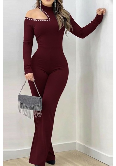 S-pazarım Kadın Tek Omuzdan Açık Balıkçı Yaka Taş Detaylı Uzun Ithal Krep Tulum Bordo