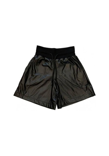 Kız Çocuk Beli Lastikli Deri Şort-15036 Siyah