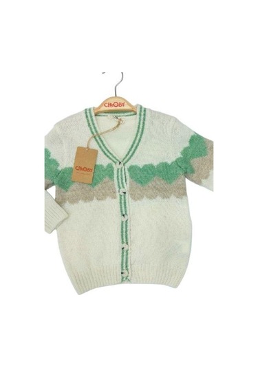 Kız Çocuk Kalp Desenli Düğmeli Kalın Hırka-13599 Yeşil