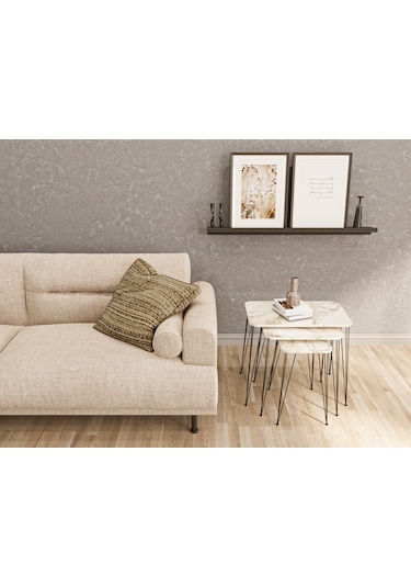 Zigon Sehpa 3'lü Dikdörtgen Siyah Tel Ayaklı Beyaz Mermer