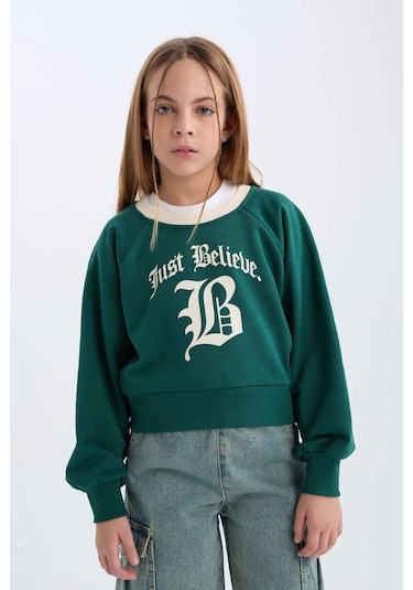 DeFacto Kız Çocuk Relax Fit Bisiklet Yaka Baskılı İçi Yumuşak Tüylü Sweatshirt D7042A824WNGN1116 Yeşil