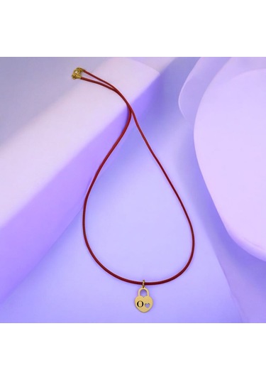 O Harfine Özel 14 Ayar Altın Plakalı Kırmızı Bağlıklı Kalp Figürlü Hediyelik Kolye-633harf O