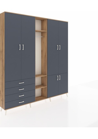 Arges Dolap 14 Raflı 4 Çekmeceli Tek Askılı 220x30x243 Çam-antrasit/antrasit Antrasıt/antrasıt
