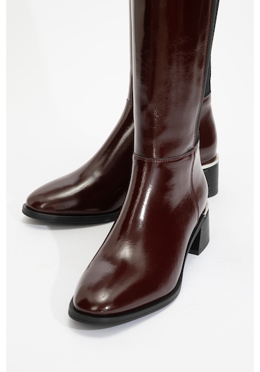 Rochos Bordo Rugan Streç Detaylı Hakiki Deri Kadın Çizme Bordo Rugan Deri