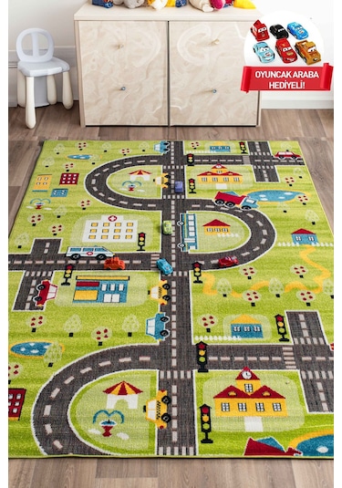 Konfor Halı 3 Boyutlu Yeşil Trafik Arabalı Dokuma Çocuk Oyun Halısı Yeşil