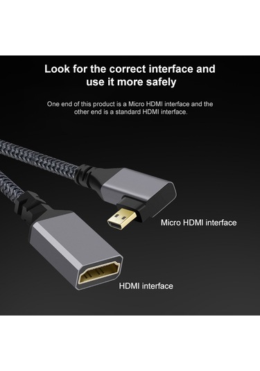 Mikro Hdmı Erkek Dirsek - Hdmı Dişi 4k Uhd 18gbps Bağlantı Kablosu, Uzunluk: 20cm Gri
