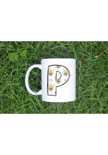 P Harfi Arı Desenli Kupa - Sevimli Hayvan Temalı Kişiye Özel Kahve Kupası - Şans Kupası Beyaz