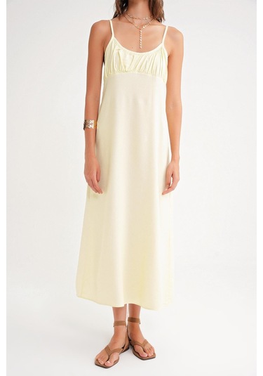 4742 Kadın İp Askılı Büzgü Detaylı Midi Elbise Sarı Sarı