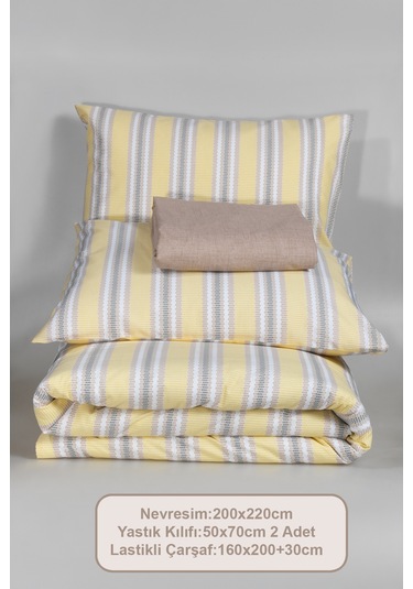 Elart Scatt Nevresim Takımı Çift Kişilik Lastikli Çarşaf 200x220 Cm Ekru Ekru