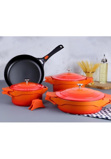 Arow Pink More 7 Parça Döküm Tencere Seti Turuncu Pm-0069