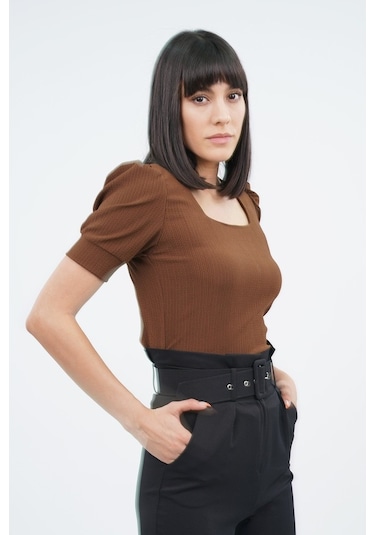 Gabria Kadın Kare Yaka Örme Bluz Kahve (538124459) Kahverengi
