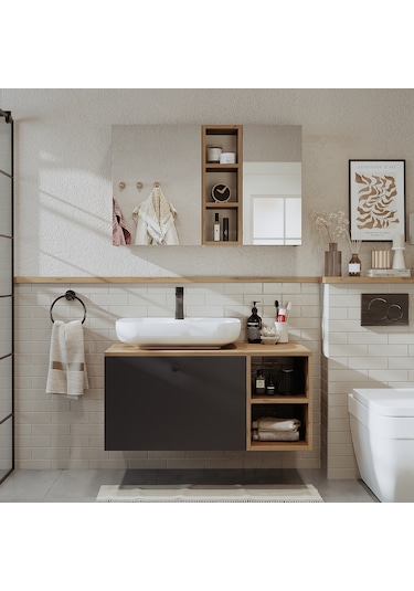 Lavabolu Mdf 95 Cm Lotus Oval Lavabolu Banyo Atlantik Çam - Antrasit