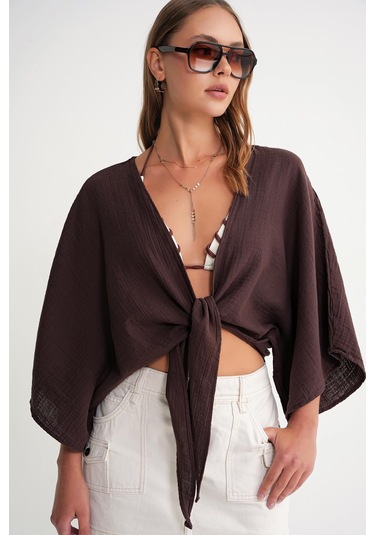 4723 Kadın Önü Bağlamalı Bolero Bluz Kahve Kahve