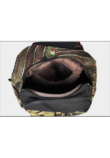 Siyah Vintage Kadın Sırt Çantası Nakış Tavuskuşu Payet Sırt Çantası Ulusal Boho Boncuk Seyahat Okul Çantası Siyah