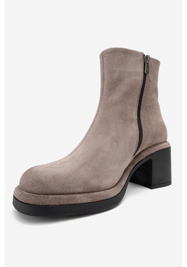 Junae Vizon Süet Hakiki Deri Kadın Kalın Topuklu Bot Vizon