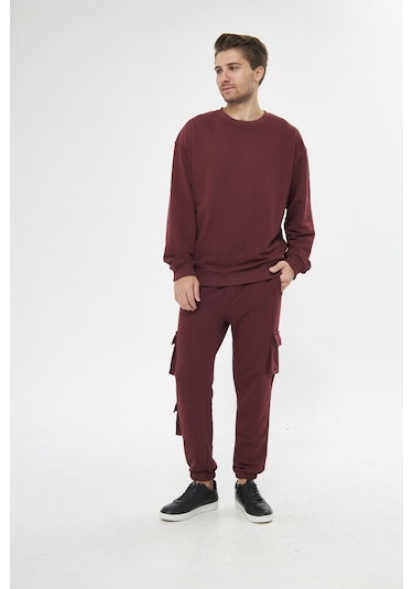 Unisex Bordo 3 Iplik Jogger Rahat Kalıp Kargo Cepli Eşofman Altı Bordo