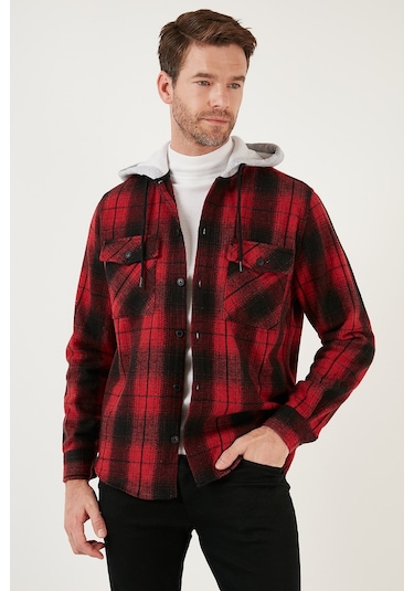 Buratti Ekoseli Çift Cepli Kapüşonlu Oduncu Erkek Gömlek Cf22W2650 Kırmızı-Siyah