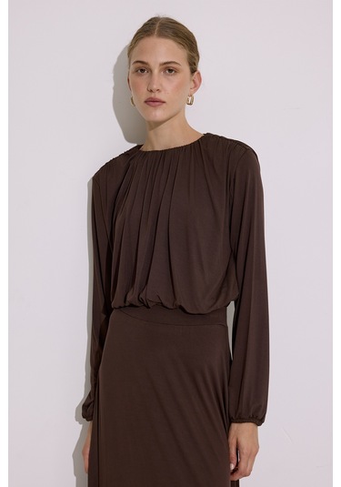 Dökümlü Balon Form Bluz Kahverengi Kahverengi