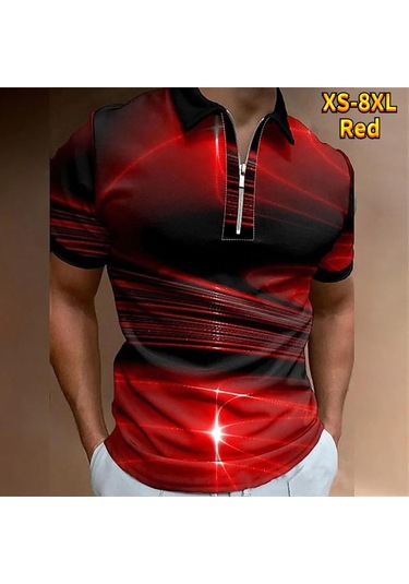 Kırmızı Rahat Yaka T-shirt Genç Erkek Moda Fermuar Kısa Kollu Tişört Erkek 3d Kırmızı Işık Dalga Baskı T Gömlek Kırmızı