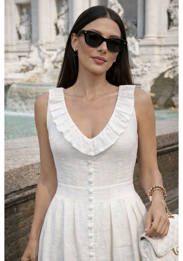 Asprinfashion V Yaka Önü Süs Düğmeli Keten Elbise Beyaz