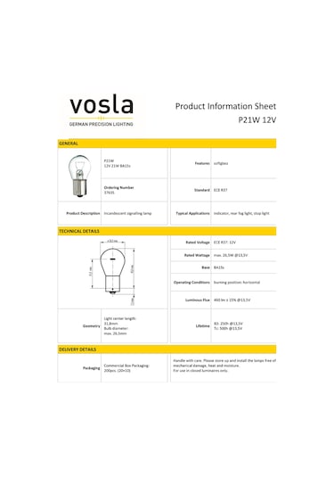 Vosla 12v 93 Ampul 21w Ba15s P21w Vs37635 10 Lu