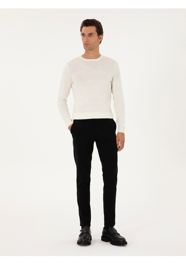 Cacharel Beyaz Slim Fit Yün Karışımlı Bisiklet Yaka Basic Triko Kazak