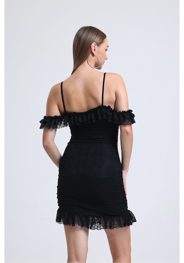 Dantelden İnce Askılı Straples Eteği Ve Yakası Fırfırlı Elbise Siyah