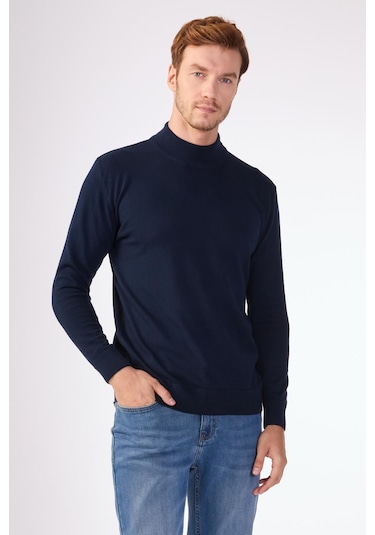 Dufy %100 Pamuk Düz Erkek Triko - Slim Fit Lacivert