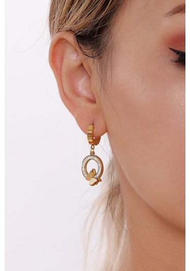 Bhs Life Taş Detaylı Kelebek Figürlü Detaylı Çelik Halka Kadın Küpe Gold Gümüş