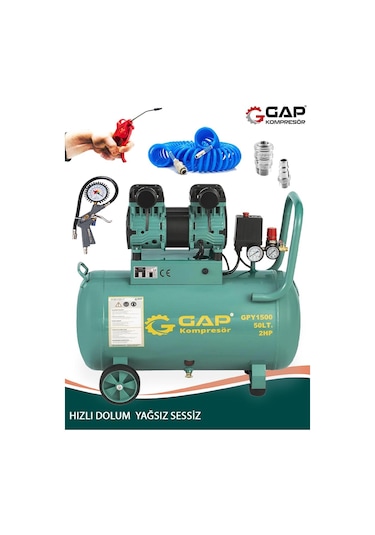 Germany Stle Gp 50 Litre Sessiz Yağsız Hızlı Dolum 2 Hp Kompresör Lastik Şişirme Hava Hortumu Setli