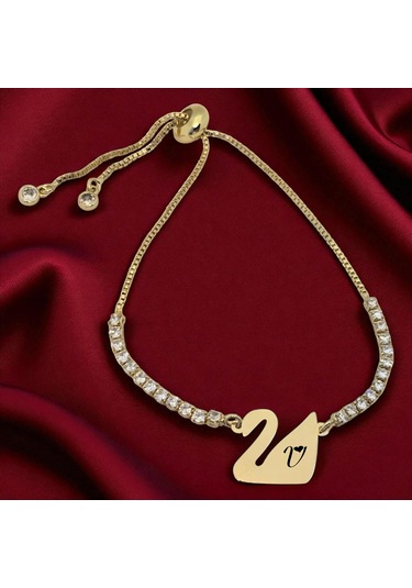 Archin V Harfine Özel 14 Ayar Altın Plakalı Beyaz Taş Detaylı Kuğu Kuşu Motifli Hediye Bileklik-601harf V