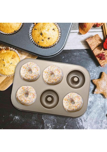 Xurunkeji Madeleine Pan, Yapışmaz Donut Tepsisi, 2 Parça Donut Pişirme Tepsisi, Karbon Çelik Donut Kalıbı, 6 Donutluk Donut Pişirme Kabı Poşeti Kalıbı Altın