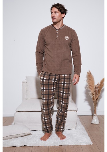 Buratti Ekose Regular Fit Bisiklet Yaka Kışlık Polar Erkek Pijama Takımı 609610013W4 Camel