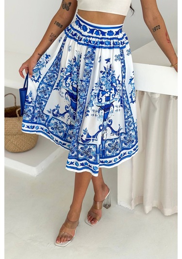 İthal Krep Kumaş Desenli Etek Mavi Mavi