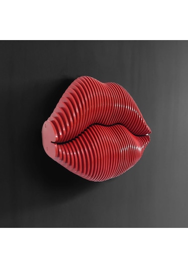 Cajuart 3 Boyutlu Parametrik Ahşap Kırmızı Dudak Modern Duvar Dekoru Tablo