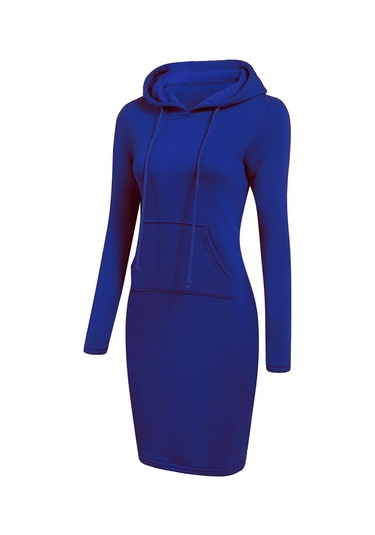 Mavi Kadın Modası İnce Kapşonlu Uzun Kollu Katı Kalem Kapüşonlu Elbise