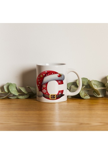 C Harfi Yılbaşı Temalı Bardak 330 Ml Harfli Kişiye Özel Hediye - Yeniyıl / Noel Şapka Tasarım Beyaz