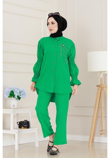 Önü Taşlı Kolu Lastikli İkili Takım-yeşil-5101 Yeşil