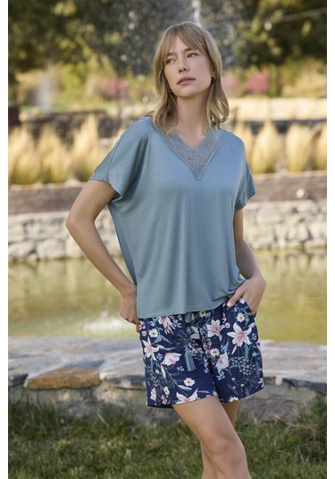 Monamise Kadın Çiçek Ve Yaprak Desenli Dantelli Şort Takımı 24102-yeşil Yeşil