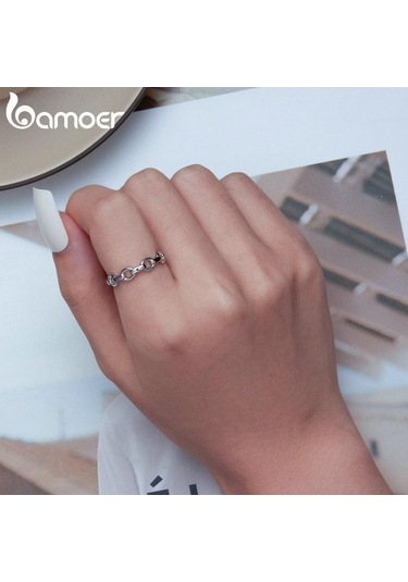 Bamoer 925 Ayar Gümüş Metal Zincir Ayarlanabilir Yüzük Kadınlar İçin Gümüş Moda Kilit Zincir Yüzük Bildirimi Band Takı