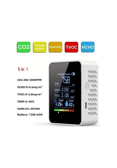 Xuweiwei Beyaz 1 Bilgisayar 5i 1 Arada Hava Kalitesi Monitörü Co2 Co Pm2 5 Pm10 Hcho Tvoc Lcd Ekranli Gaz Dedektörü Co2 Sensör Cihazı