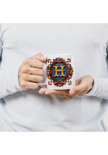 H Harfi Boho Bardak, Renkli Özel Tasarım Hediyelik Harfli Kupa, 330ml Porselen Beyaz