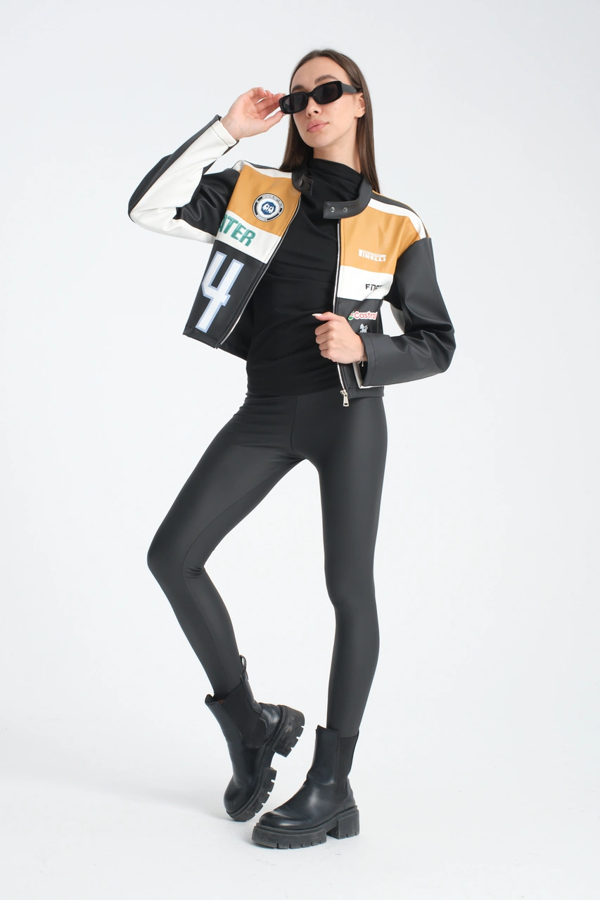 Kadın Oversize Baskılı Deri Şeritli Motorcu Montu Garnili Fermuarlı Yarışçı Ceketi Bomber Kolej Mont Hardal