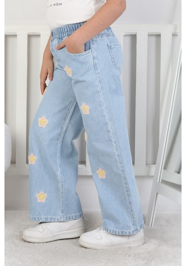 Moonch Kız Çocuk Çiçek Nakışlı Geniş Paça Jean Pantolon Mavi